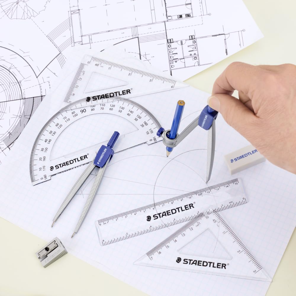 STAEDTLER Math Set Geometry Tools, 10 Piece Kit: Metal Compass, Protractor, Ruler & More in Storage Case – Back to School Supplies for Students, Geometry, Technical Drawing, STEM & Drafting Classes