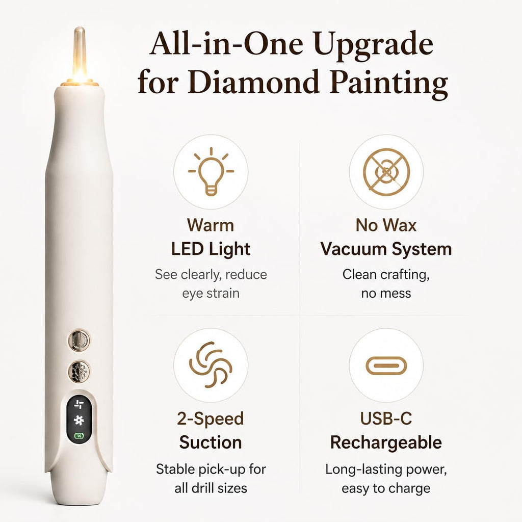 Blavna Electric Diamond Painting Pen with Warm LED Light & Clear Tip, 2-Speed Quiet Suction, No Wax Needed, Ergonomic Cordless USB-C Rechargeable Vacuum Pen for Adults, DIY Craft & Diamond Art