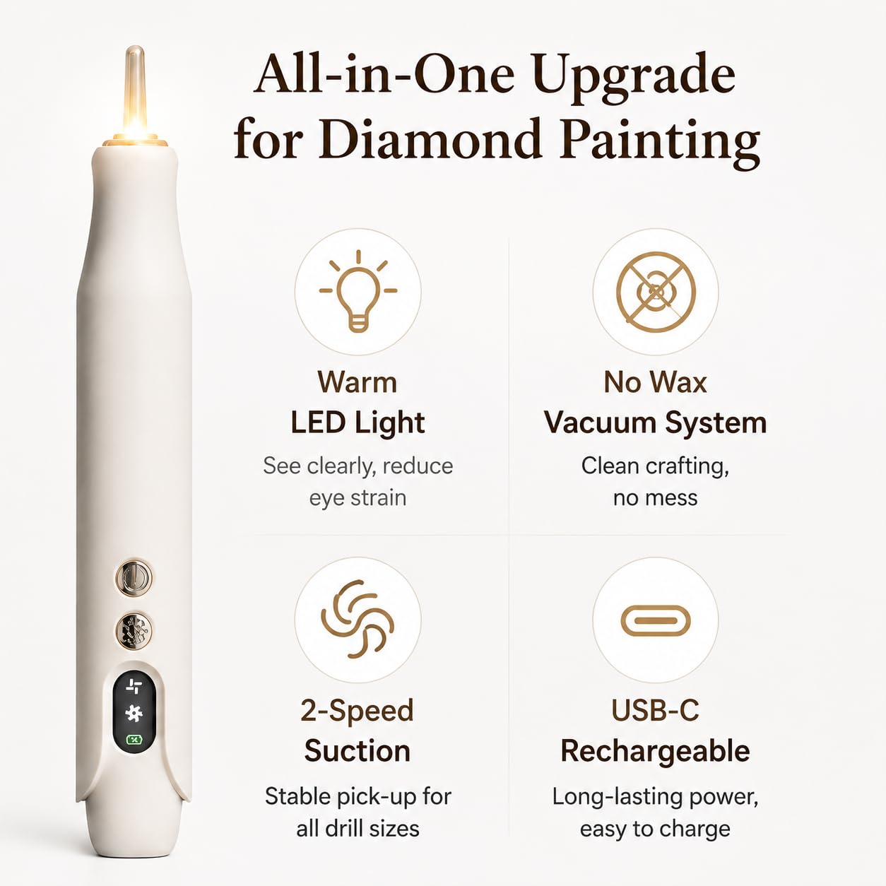 Blavna Electric Diamond Painting Pen with Warm LED Light & Clear Tip, 2-Speed Quiet Suction, No Wax Needed, Ergonomic Cordless USB-C Rechargeable Vacuum Pen for Adults, DIY Craft & Diamond Art