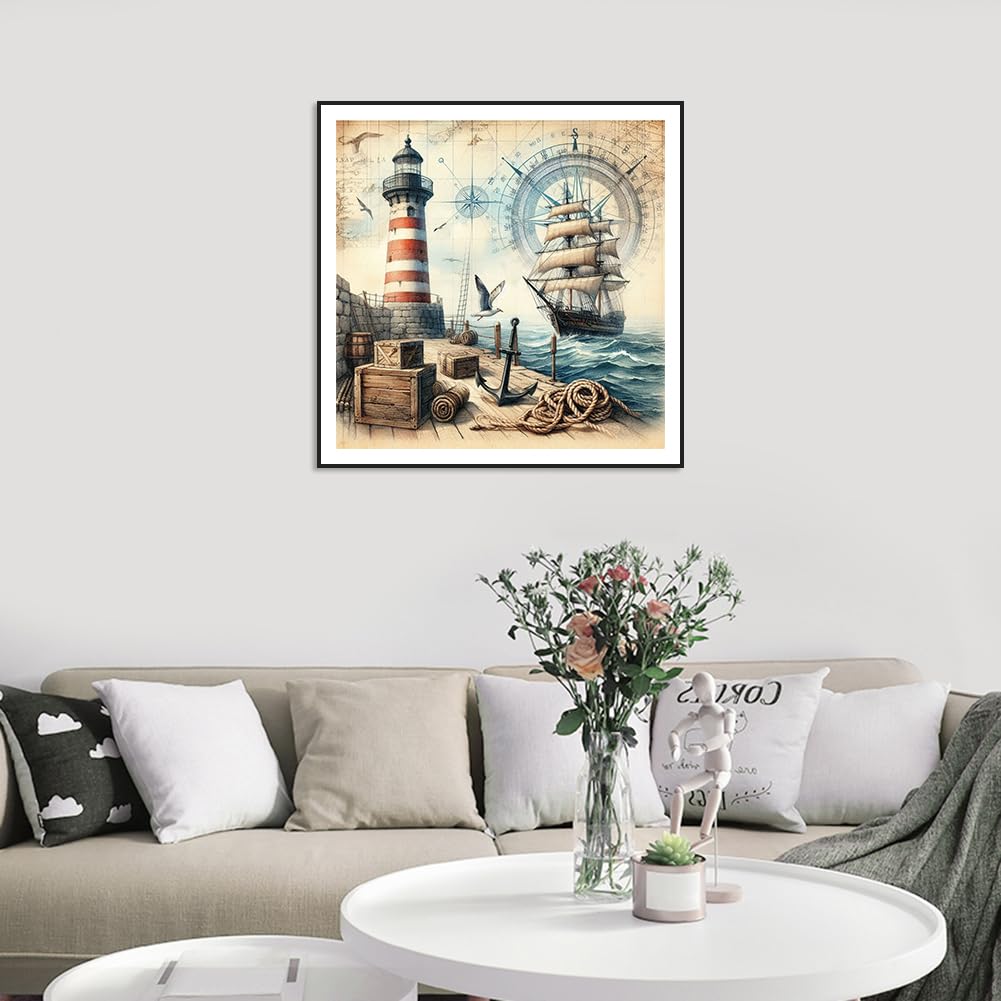 FHBUBPUP Lighthouse Ship Diamond Art Kits for Adults, Diamond Painting Kits for Beginners - DIY Full Drill Round Diamond Dot Gem Art, Craft Gift Home Wall Decoration 12×12Inch