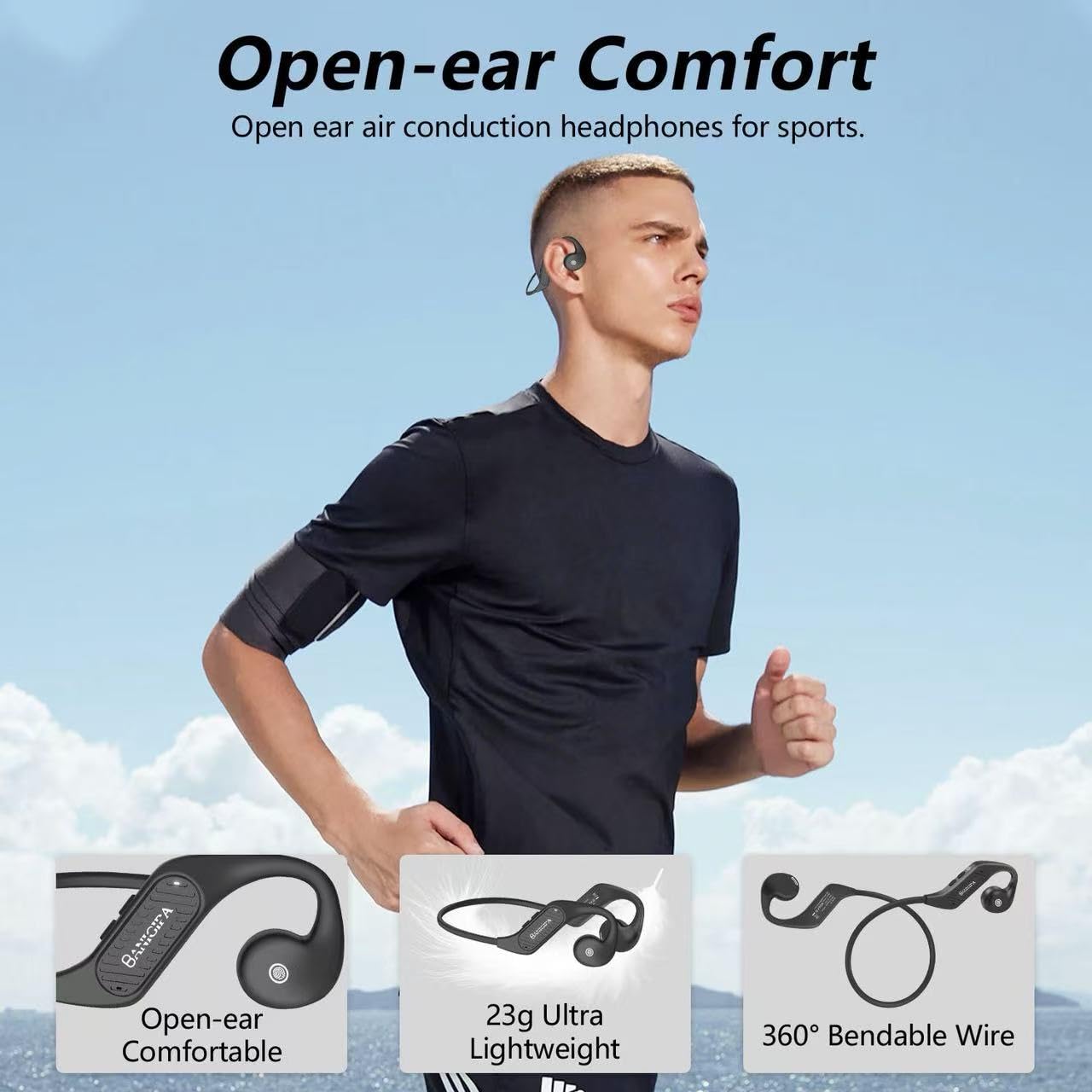 BANIGIPA Open-Ear Headphones, Bluetooth 5.3 Headset w/Built-in Microphones for Office Home Work, Lightweight Waterproof Wireless Headphones for Workout Cycling Running Snowboarding-10H Playtime