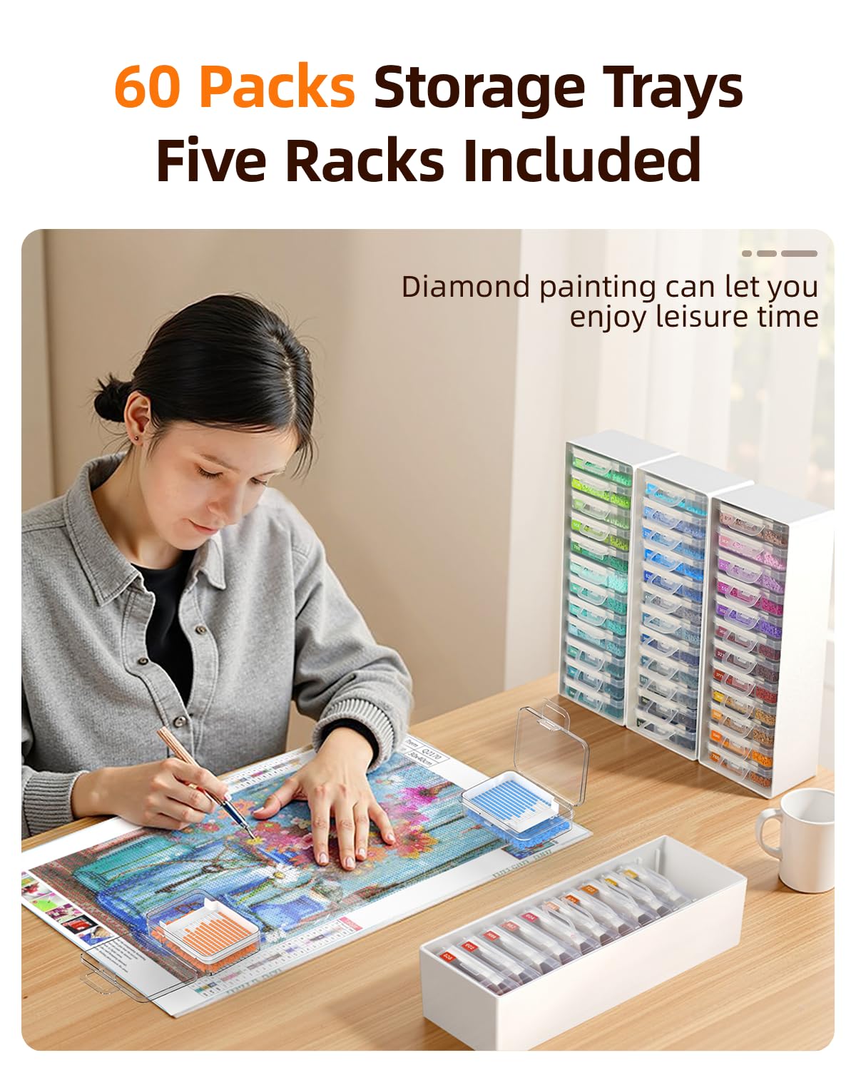 Redtwo 60 PCS Diamond Painting Storage Containers Trays with Two Layers, 3-in-1 Painting Trays with Lids, Diamond Art Accessories, Art Drills Storage & Line-Up