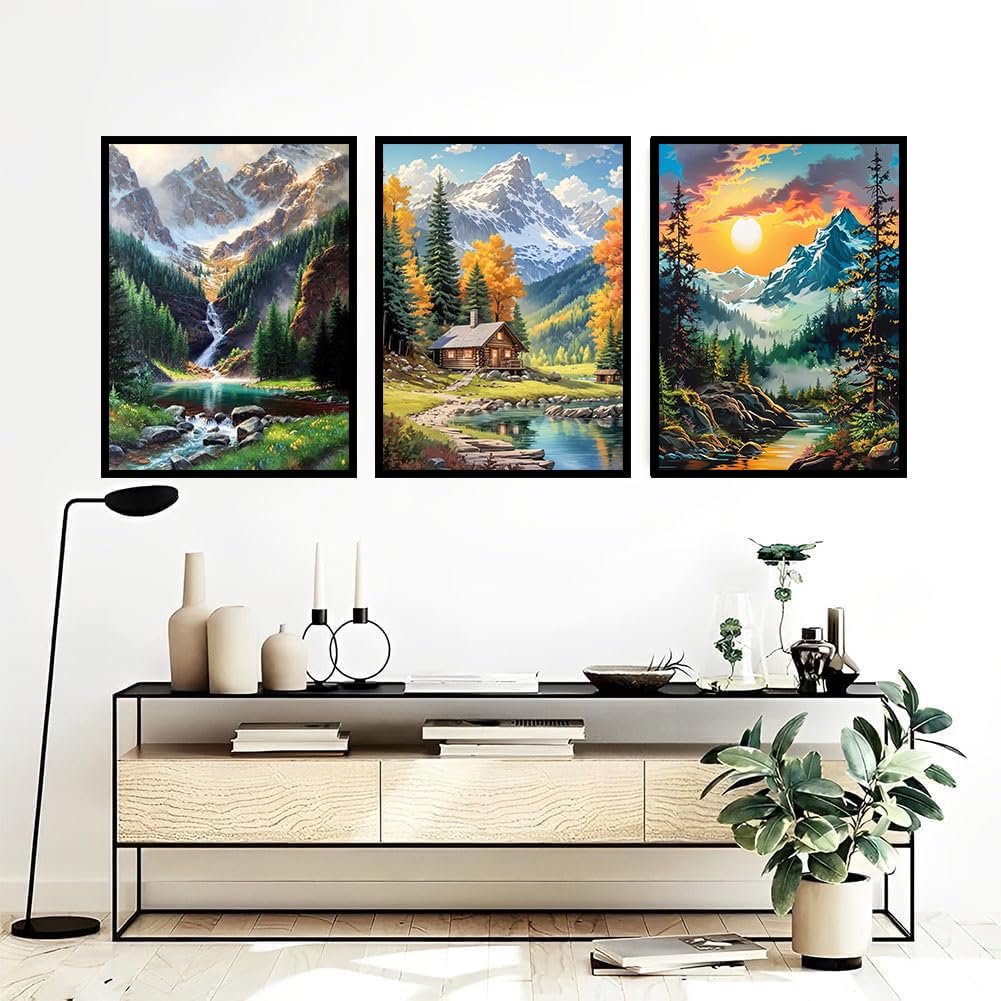 Diamond Art Kits for Adults, 3 Packs Mountain Landscape Diamond Art Painting Kits for Adults, 5D DIY Full Round Drill Gem Craft for Adult Gifts, Home Wall Decor 11.8" x 15.7"