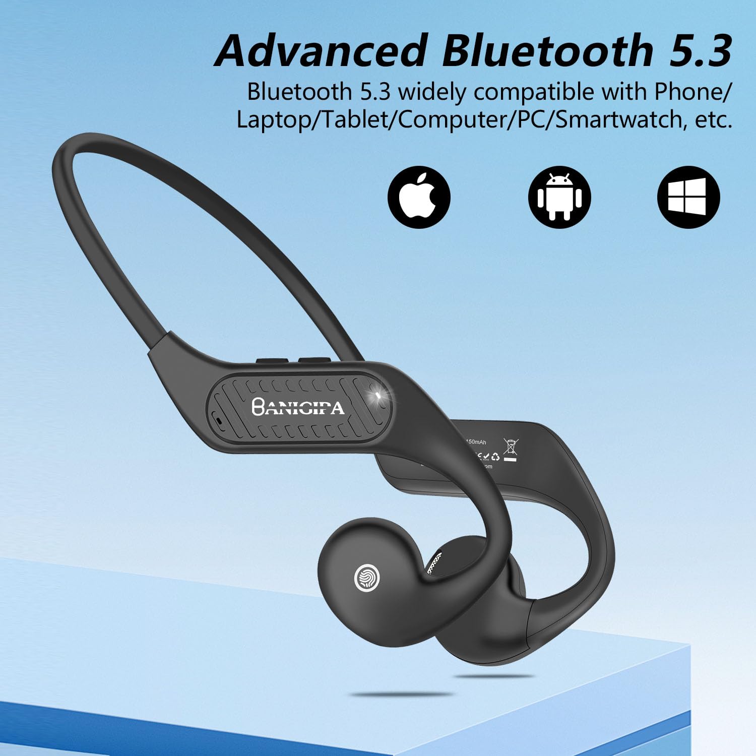 BANIGIPA Open-Ear Headphones, Bluetooth 5.3 Headset w/Built-in Microphones for Office Home Work, Lightweight Waterproof Wireless Headphones for Workout Cycling Running Snowboarding-10H Playtime
