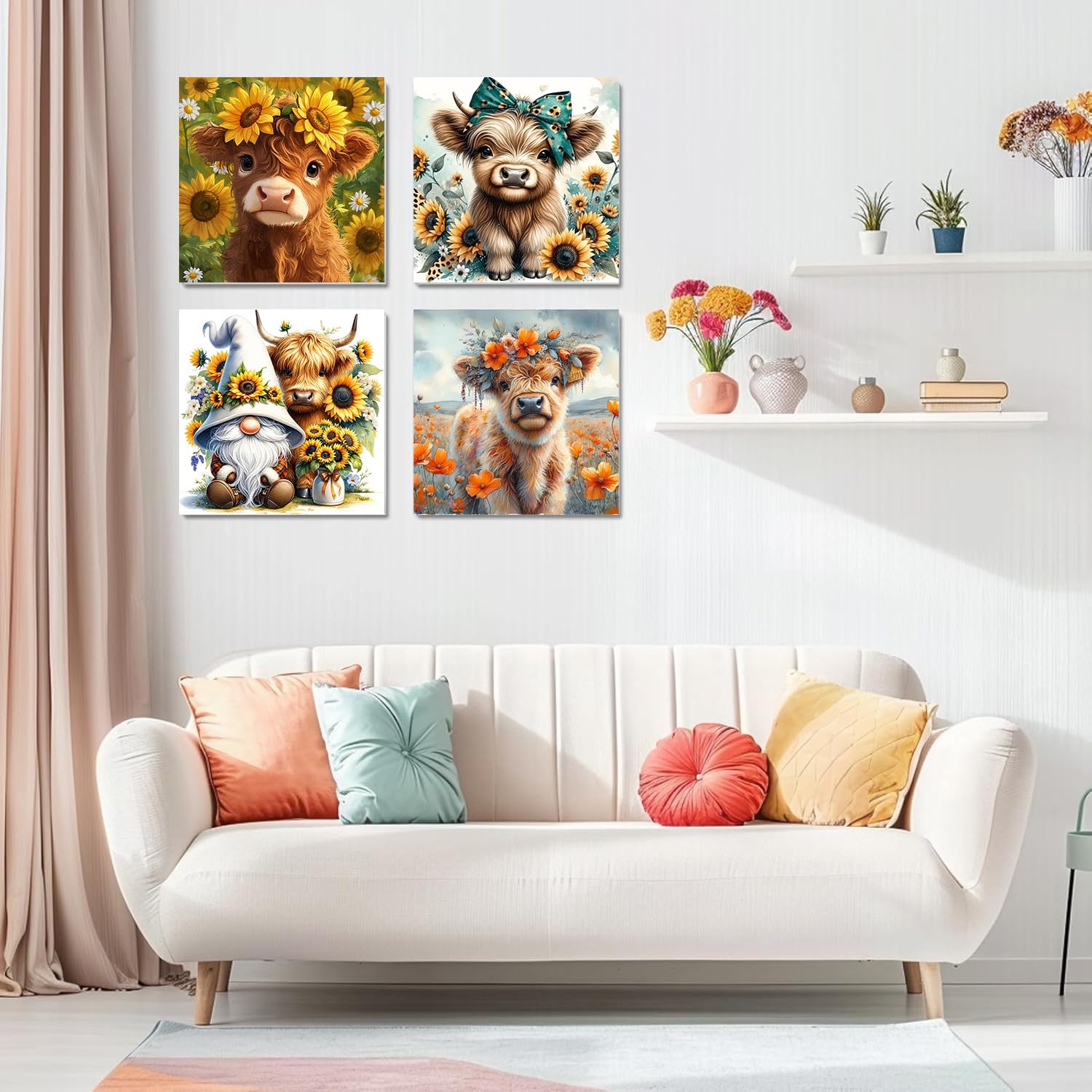 Diamond Art Kits for Adults, 4 Packs Highland Cow & Flowers Diamond Art Painting Kits for Beginners, 5D DIY Full Round Drill Gem Craft for Adult Gifts, Home Wall Decor 14" x 14"