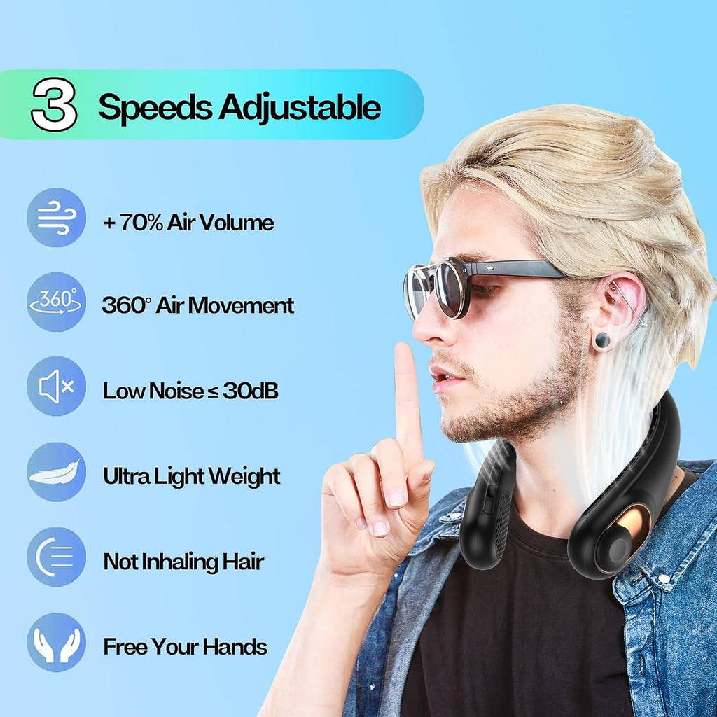 Portable Neck Fan with LED Display & 360° Cooling Airflow, 3 Speed Settings Bladeless Cooler, 4000mAh Rechargeable Battery, Ultra-Quiet Personal Fan for Home, Office, Travel, Sports