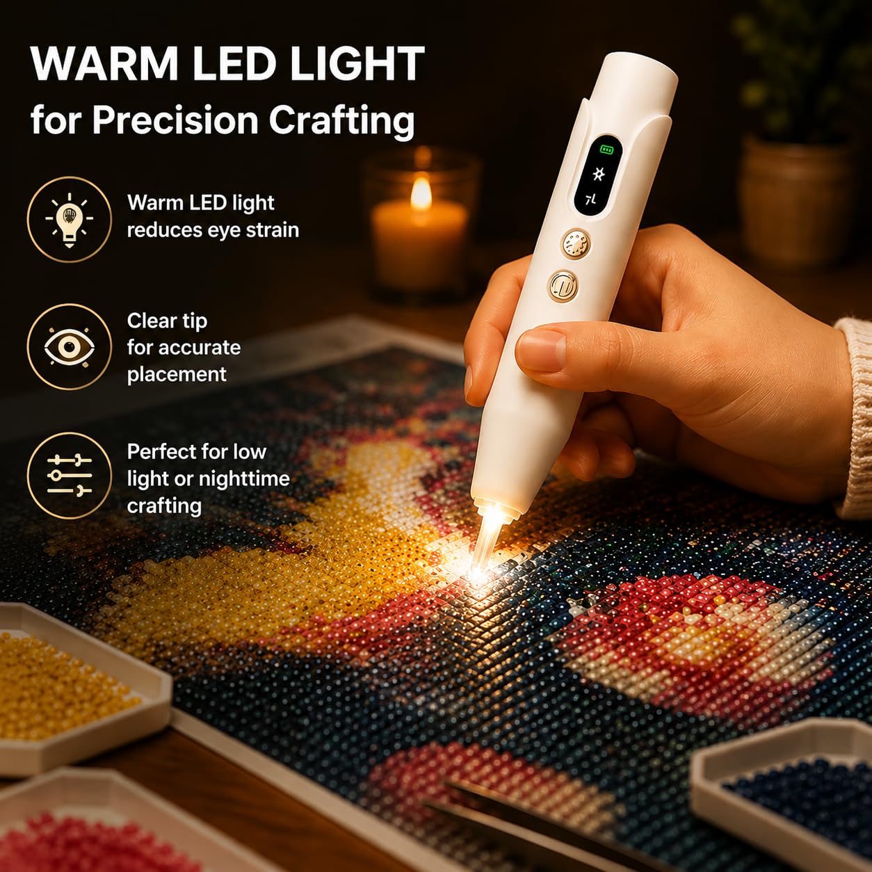 Blavna Electric Diamond Painting Pen with Warm LED Light & Clear Tip, 2-Speed Quiet Suction, No Wax Needed, Ergonomic Cordless USB-C Rechargeable Vacuum Pen for Adults, DIY Craft & Diamond Art