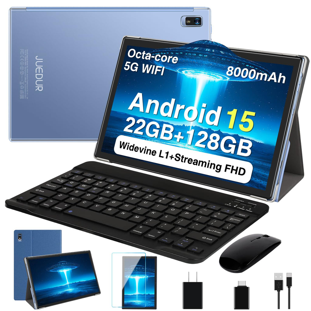 2026 Android 15 Tablet, 10 Inch Octa-Core Tablets 22GB+128GB+1TB Expand, 2-in-1 Electronic Tablet with Keyboard Mouse, 8000mAh, 1280x800 IPS Display, GPS,Widevine L1, Split Screen, Metal Body -Blue