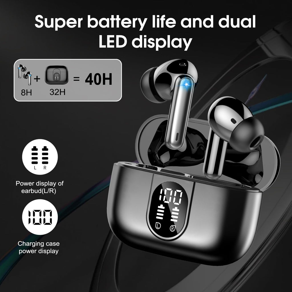 Wireless Earbuds, 2026 Bluetooth 5.3 Headphones HiFi Stereo Ear Bud, 40Hrs Playtime Bluetooth Earbuds with 4 ENC Noise Cancelling Mics, IP7 Waterproof, LED Display Wireless Earphones for Android/iOS
