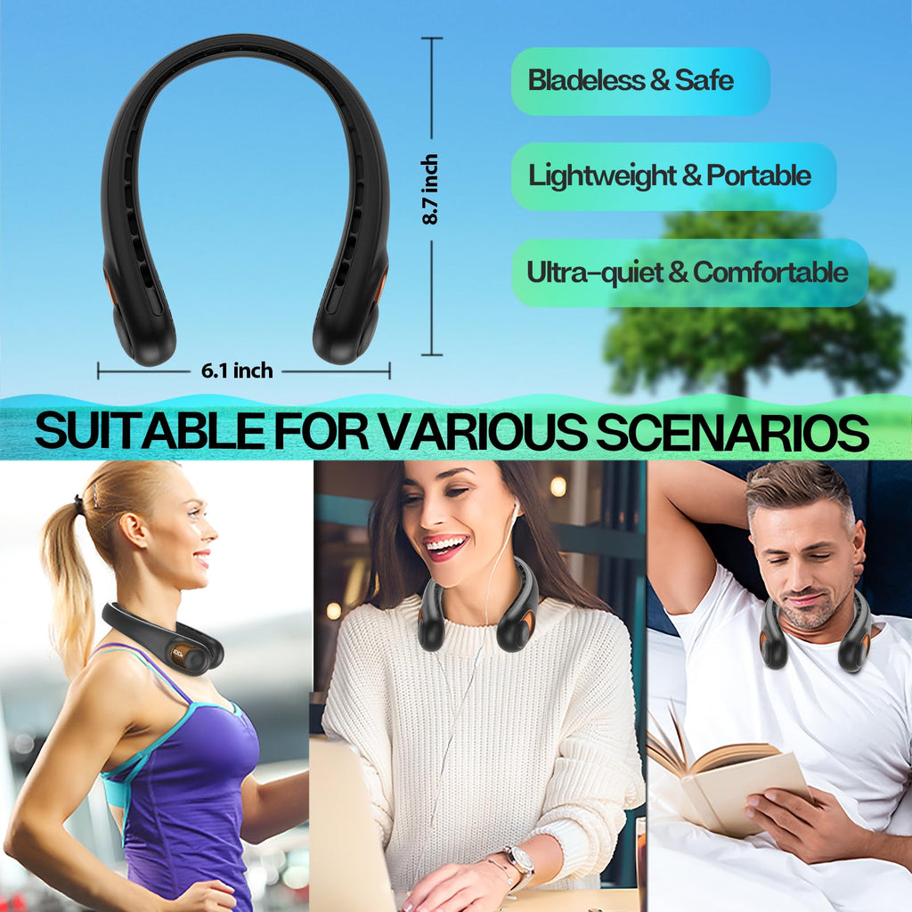 Portable Neck Fan with LED Display & 360° Cooling Airflow, 3 Speed Settings Bladeless Cooler, 4000mAh Rechargeable Battery, Ultra-Quiet Personal Fan for Home, Office, Travel, Sports