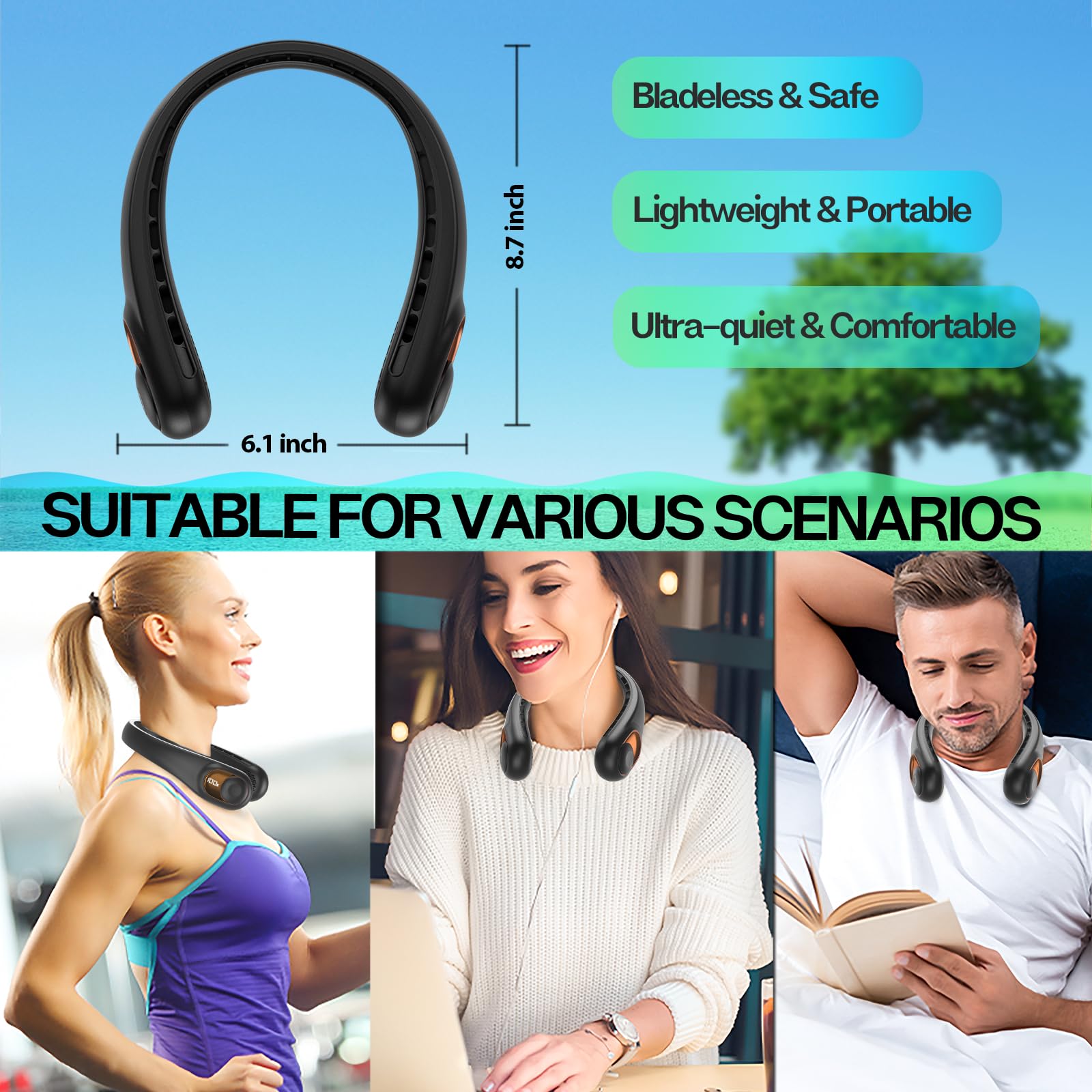 Portable Neck Fan with LED Display & 360° Cooling Airflow, 3 Speed Settings Bladeless Cooler, 4000mAh Rechargeable Battery, Ultra-Quiet Personal Fan for Home, Office, Travel, Sports