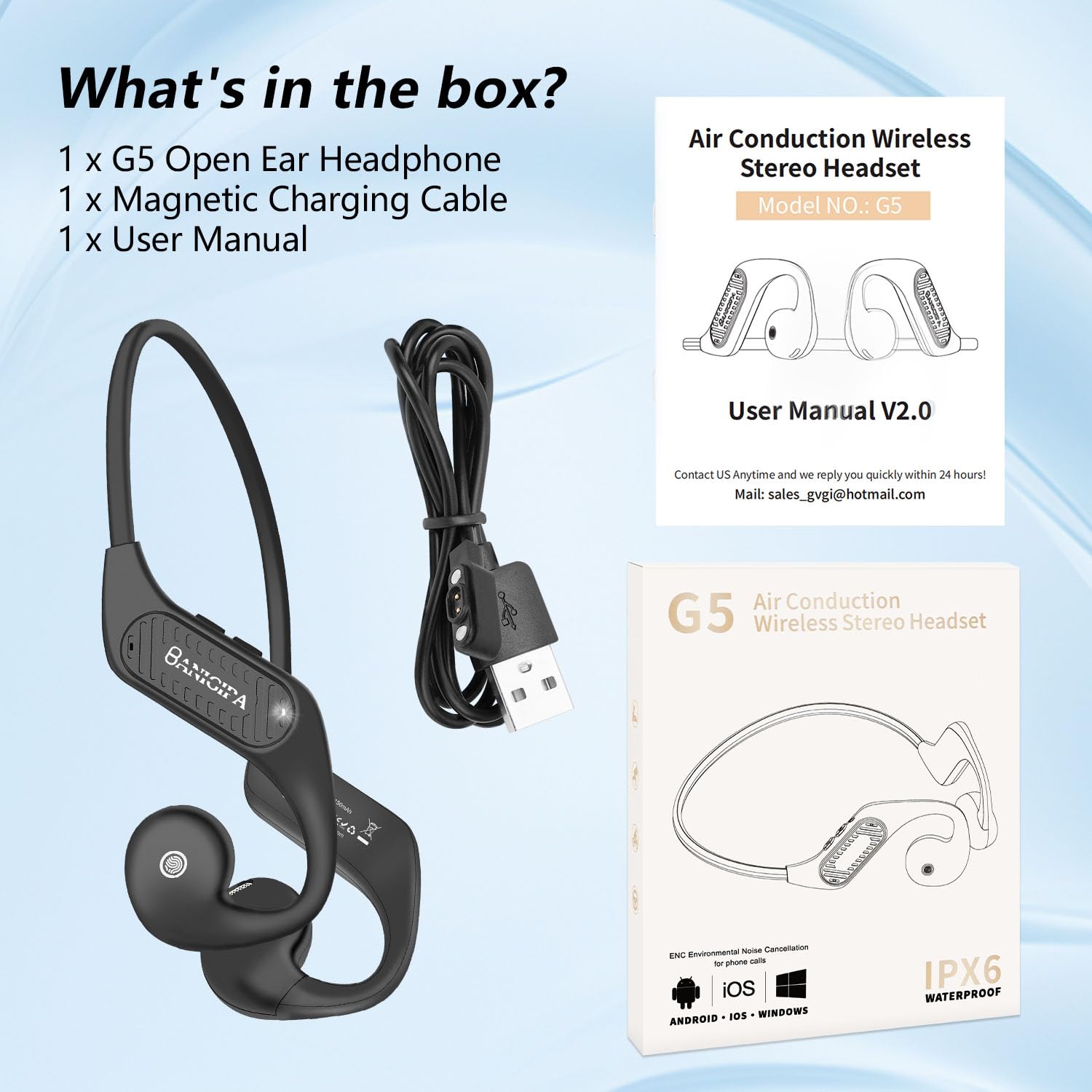 BANIGIPA Open-Ear Headphones, Bluetooth 5.3 Headset w/Built-in Microphones for Office Home Work, Lightweight Waterproof Wireless Headphones for Workout Cycling Running Snowboarding-10H Playtime
