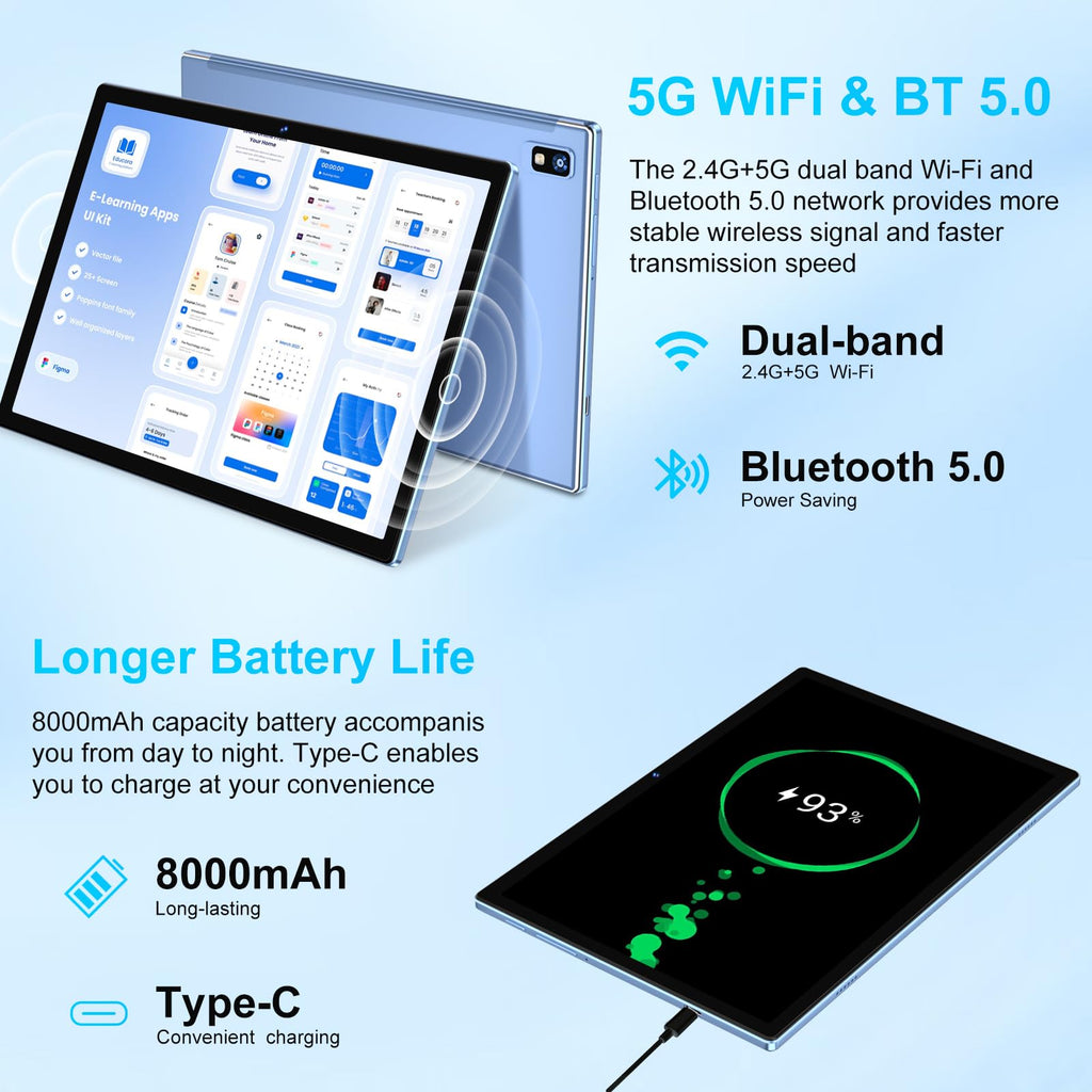 2026 Android 15 Tablet, 10 Inch Octa-Core Tablets 22GB+128GB+1TB Expand, 2-in-1 Electronic Tablet with Keyboard Mouse, 8000mAh, 1280x800 IPS Display, GPS,Widevine L1, Split Screen, Metal Body -Blue