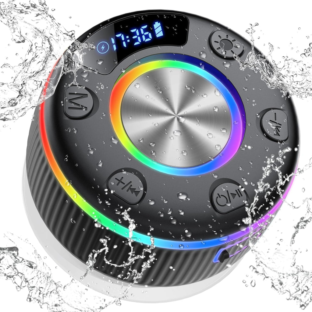 Shower Bluetooth Speaker, Portable Bluetooth 5.3 Shower Speaker Wireless, IP7 Waterproof Mini Speaker with RGB Lights, Suction Cup, Stereo Bass, for Bathroom Party Travel, Gift