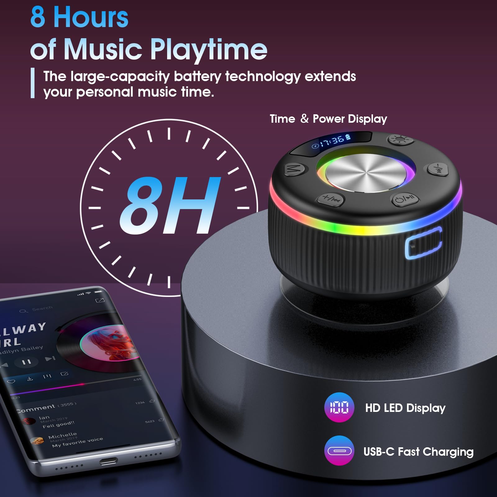 Shower Bluetooth Speaker, Portable Bluetooth 5.3 Shower Speaker Wireless, IP7 Waterproof Mini Speaker with RGB Lights, Suction Cup, Stereo Bass, for Bathroom Party Travel, Gift
