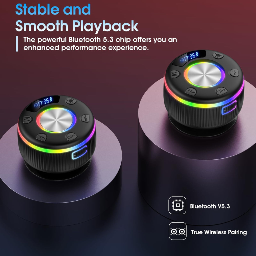 Shower Bluetooth Speaker, Portable Bluetooth 5.3 Shower Speaker Wireless, IP7 Waterproof Mini Speaker with RGB Lights, Suction Cup, Stereo Bass, for Bathroom Party Travel, Gift