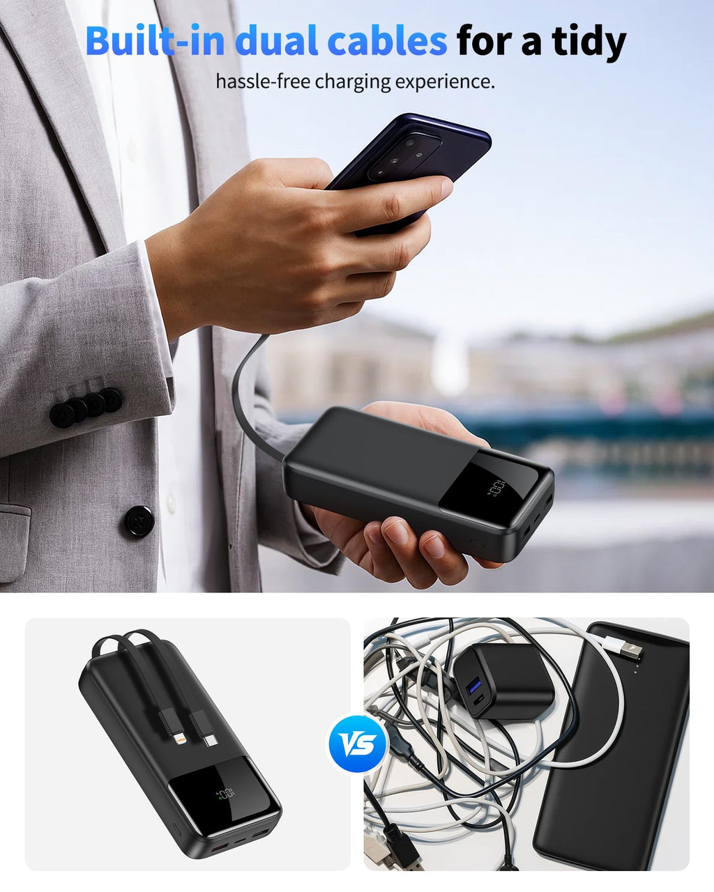 Power Bank Portable Charger 40000mAh, 22.5W Fast Charging, Built-in 2 Output Cable, Charge 5 Devices Simultaneously LCD Display for iPhone and Android Phones and Most Electronic Devices