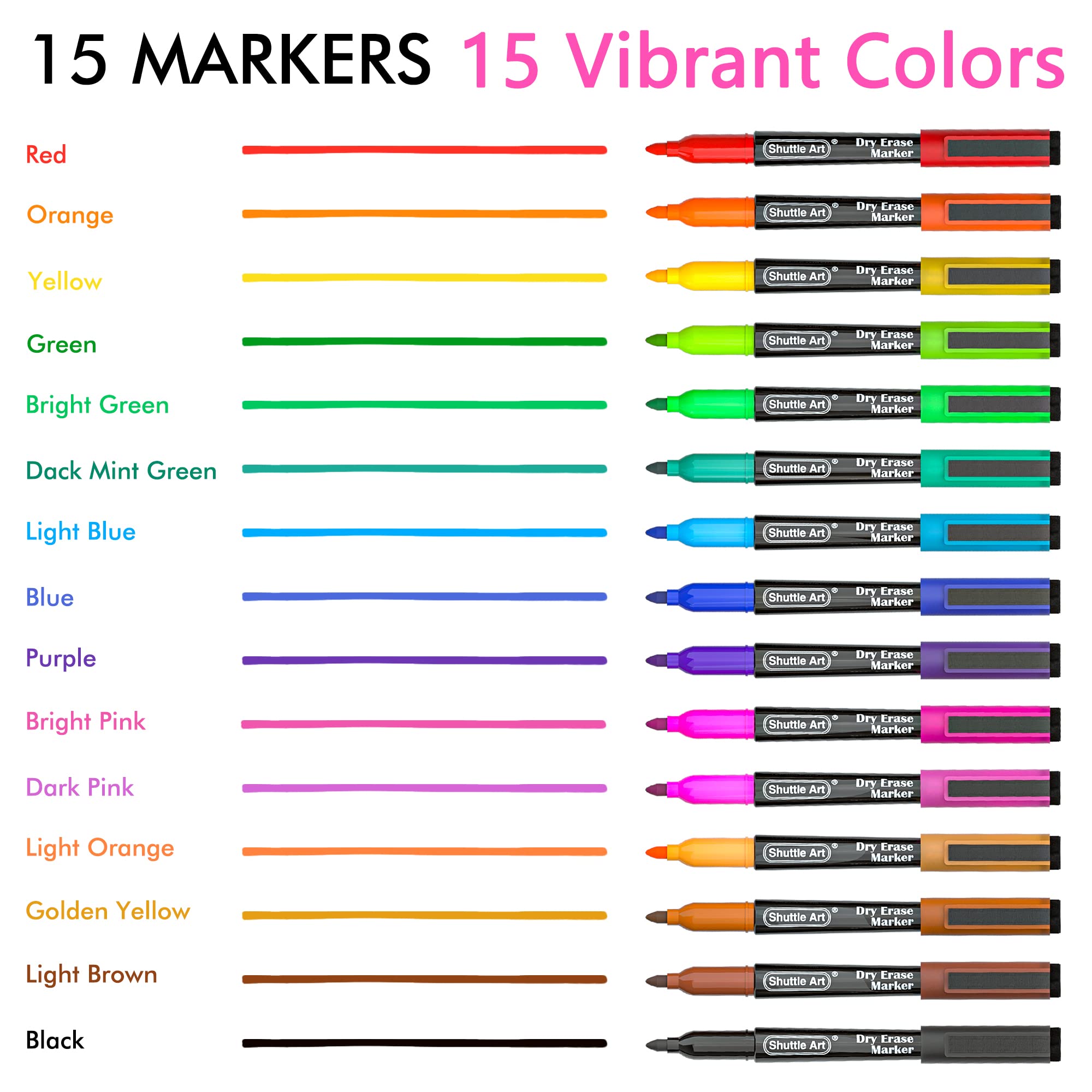 Shuttle Art Dry Erase Markers, 15 Colors Magnetic Whiteboard Markers, Fine Point, Perfect For Writing on Whiteboards, Dry-Erase Boards,Mirrors for School Office Home
