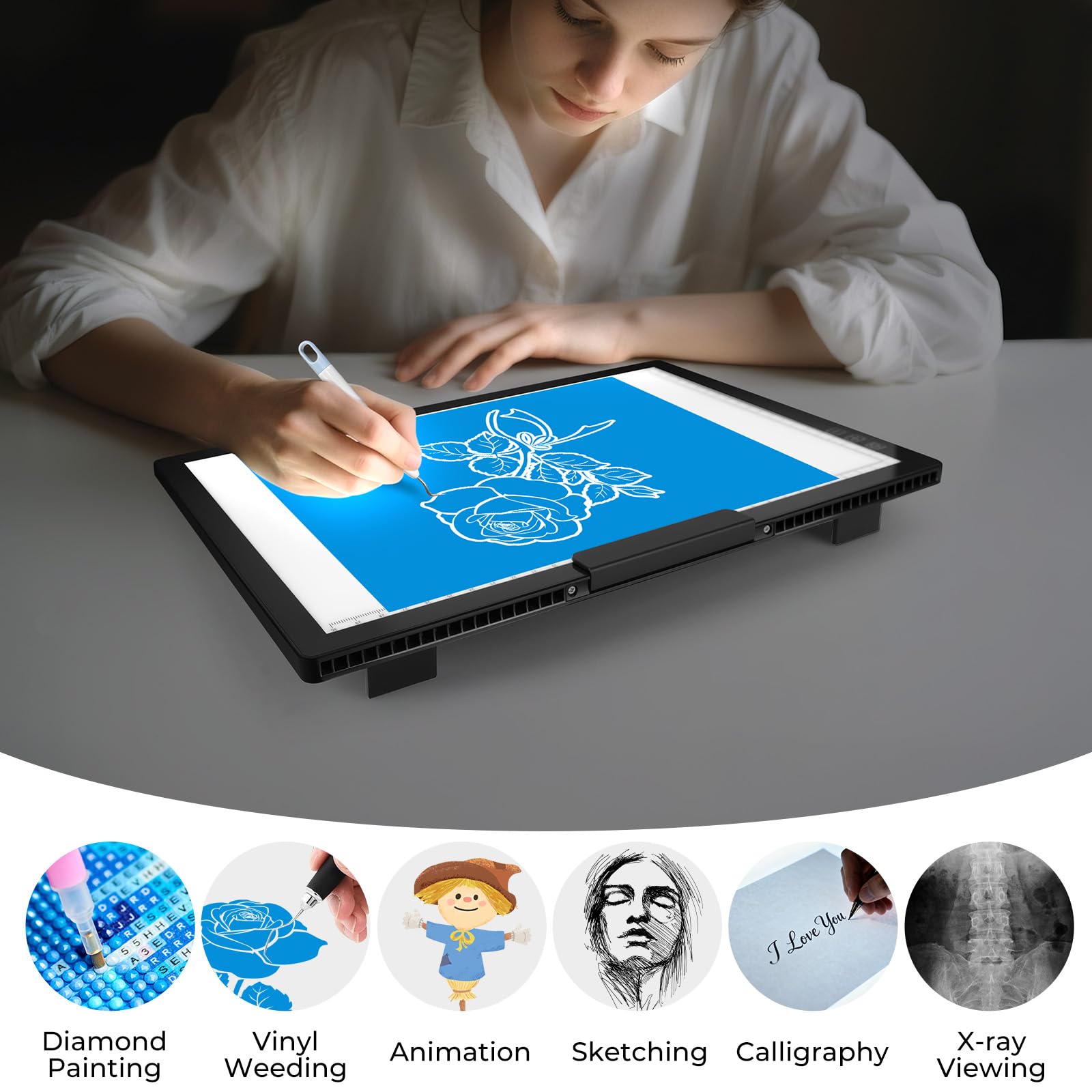 Bylitodt Cordless A4 Light Pad, Diamond Art Light Board, Lightbox for Tracing and Drawing with 6 Brightness, Tracing Pad for Weeding Vinyl, Sketching, Diamond Painting Accessories