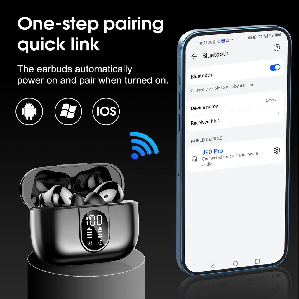 Wireless Earbuds, 2026 Bluetooth 5.3 Headphones HiFi Stereo Ear Bud, 40Hrs Playtime Bluetooth Earbuds with 4 ENC Noise Cancelling Mics, IP7 Waterproof, LED Display Wireless Earphones for Android/iOS