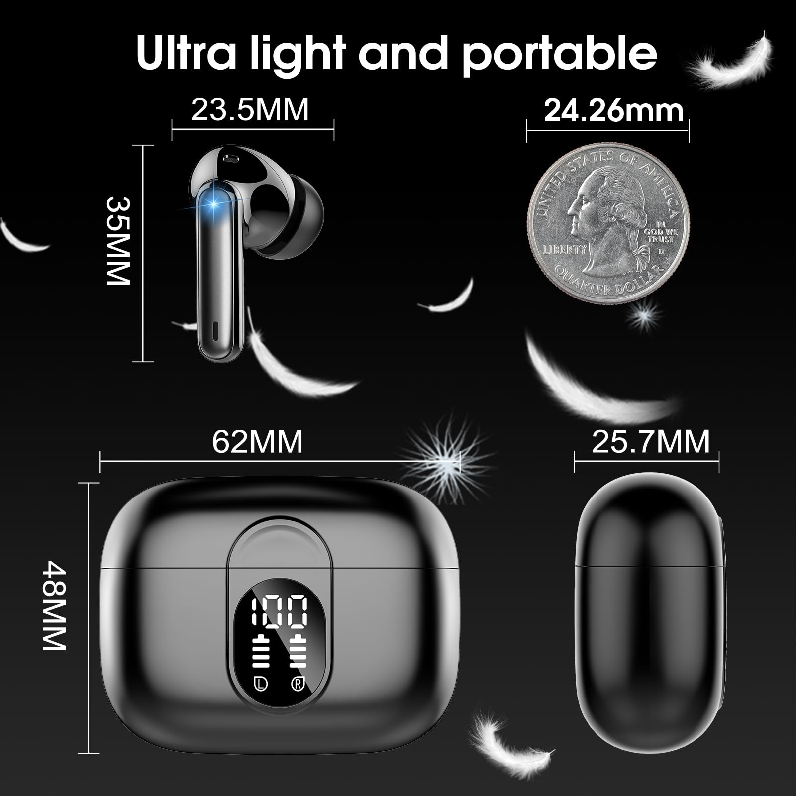 Wireless Earbuds, 2026 Bluetooth 5.3 Headphones HiFi Stereo Ear Bud, 40Hrs Playtime Bluetooth Earbuds with 4 ENC Noise Cancelling Mics, IP7 Waterproof, LED Display Wireless Earphones for Android/iOS