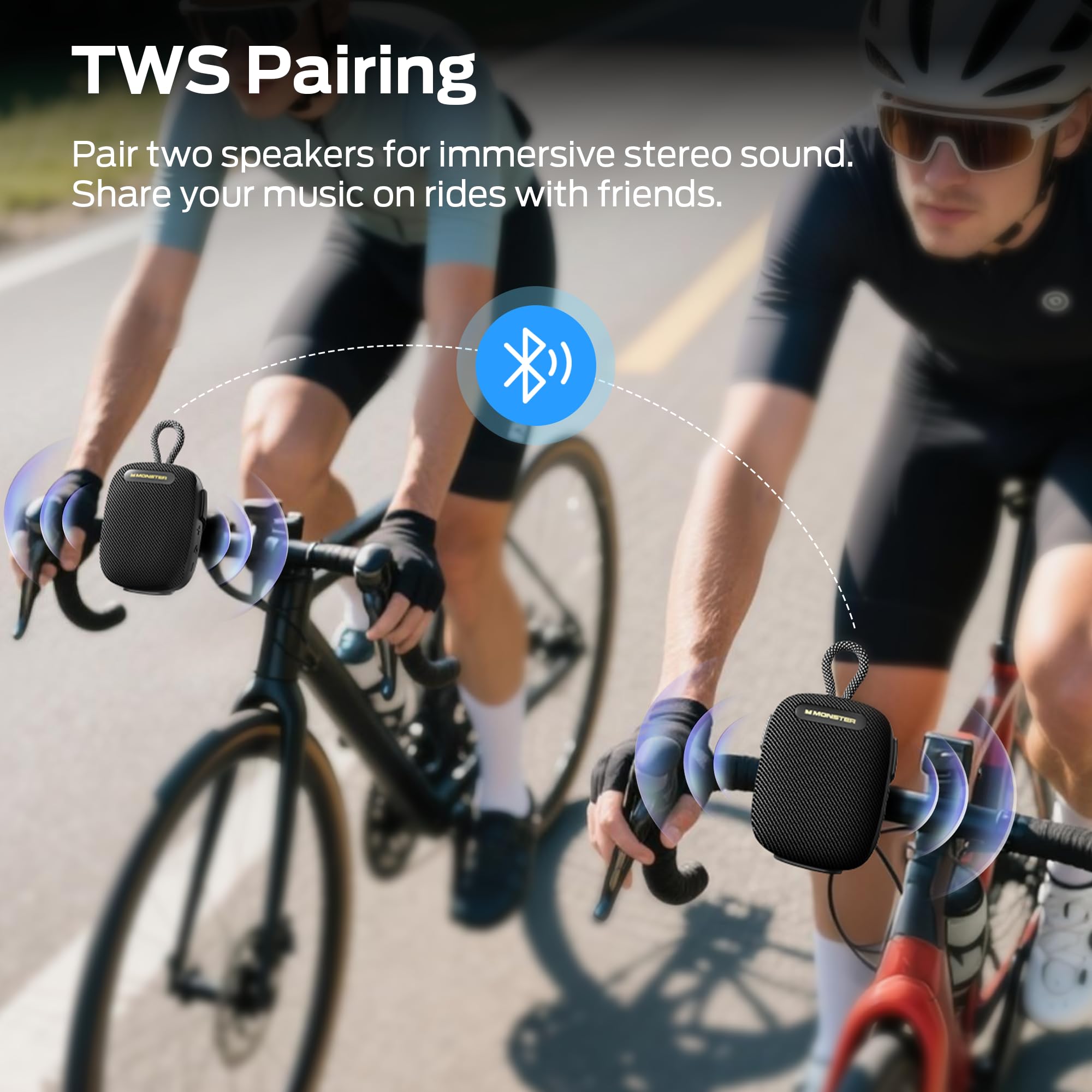 Monster S300 Portable Bluetooth Speaker, IPX7 Waterproof Wireless Bike Speaker with RGB Lights, Powerful Sound, 10H Playtime, Bluetooth 6.0, Bike Accessories, TWS, for Outdoors/Travel/Home, Black