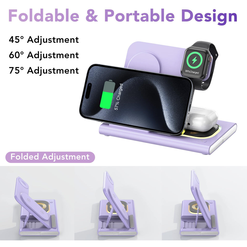 3 in 1 Foldable Charging Station for Apple Wireless Charger for iPhone 17 16 15 14 Series, Wireless Charging Station for iWatch Series 11 10 Ultra 3/2 SE 3/2 Charger for AirPods 4/3/2/Pro 3/Pro 2