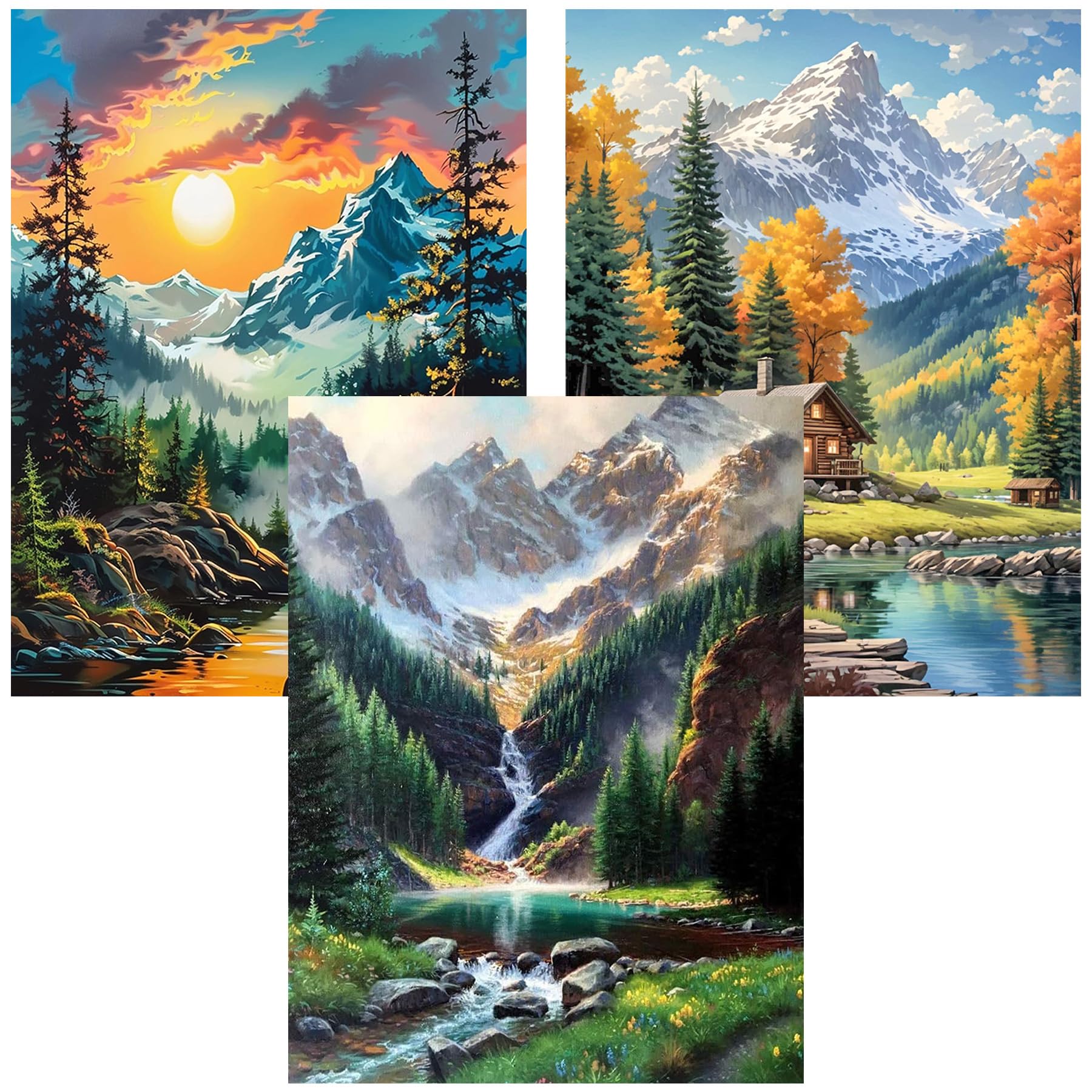 Diamond Art Kits for Adults, 3 Packs Mountain Landscape Diamond Art Painting Kits for Adults, 5D DIY Full Round Drill Gem Craft for Adult Gifts, Home Wall Decor 11.8" x 15.7"