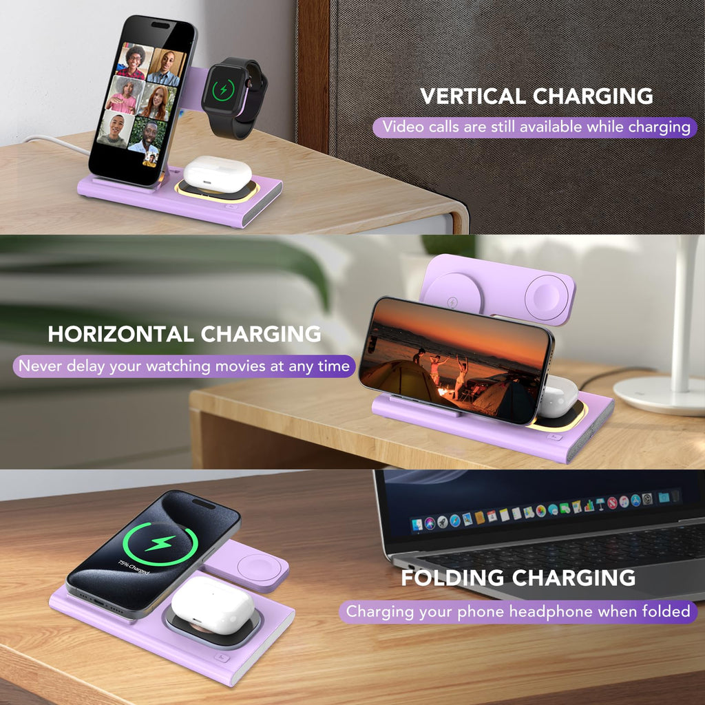 3 in 1 Foldable Charging Station for Apple Wireless Charger for iPhone 17 16 15 14 Series, Wireless Charging Station for iWatch Series 11 10 Ultra 3/2 SE 3/2 Charger for AirPods 4/3/2/Pro 3/Pro 2