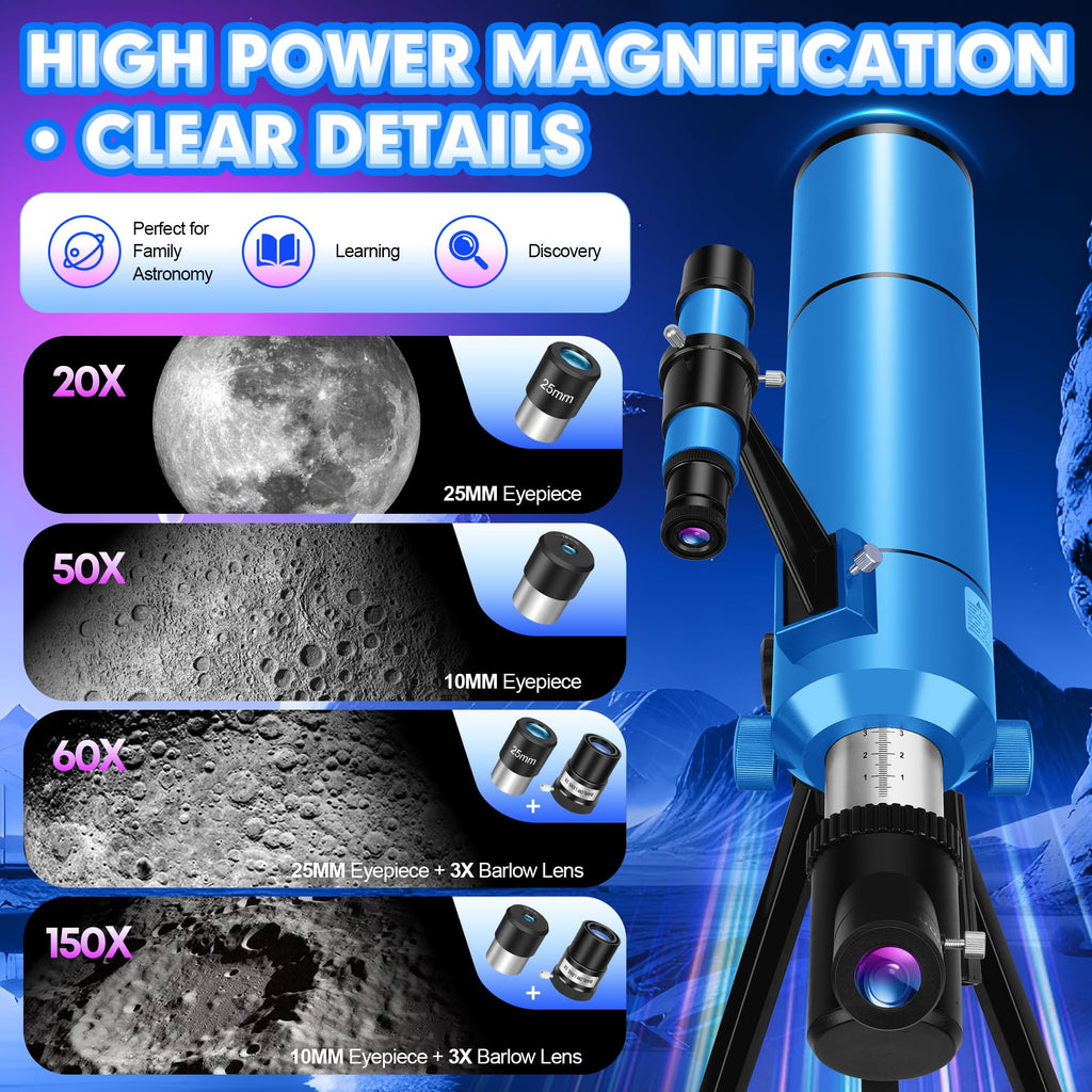HUGERSTAR Telescope for Adults Astronomy Professional, 80mm Aperture 500mm (20X-150X) Refractor Telescope for Beginners, Portable Travel Telescopes with Tripod, Phone Adapter, Stickers & Backpack