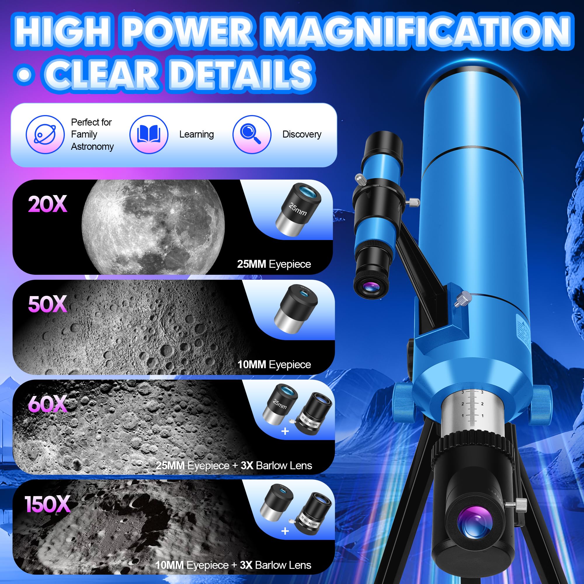 HUGERSTAR Telescope for Adults Astronomy Professional, 80mm Aperture 500mm (20X-150X) Refractor Telescope for Beginners, Portable Travel Telescopes with Tripod, Phone Adapter, Stickers & Backpack