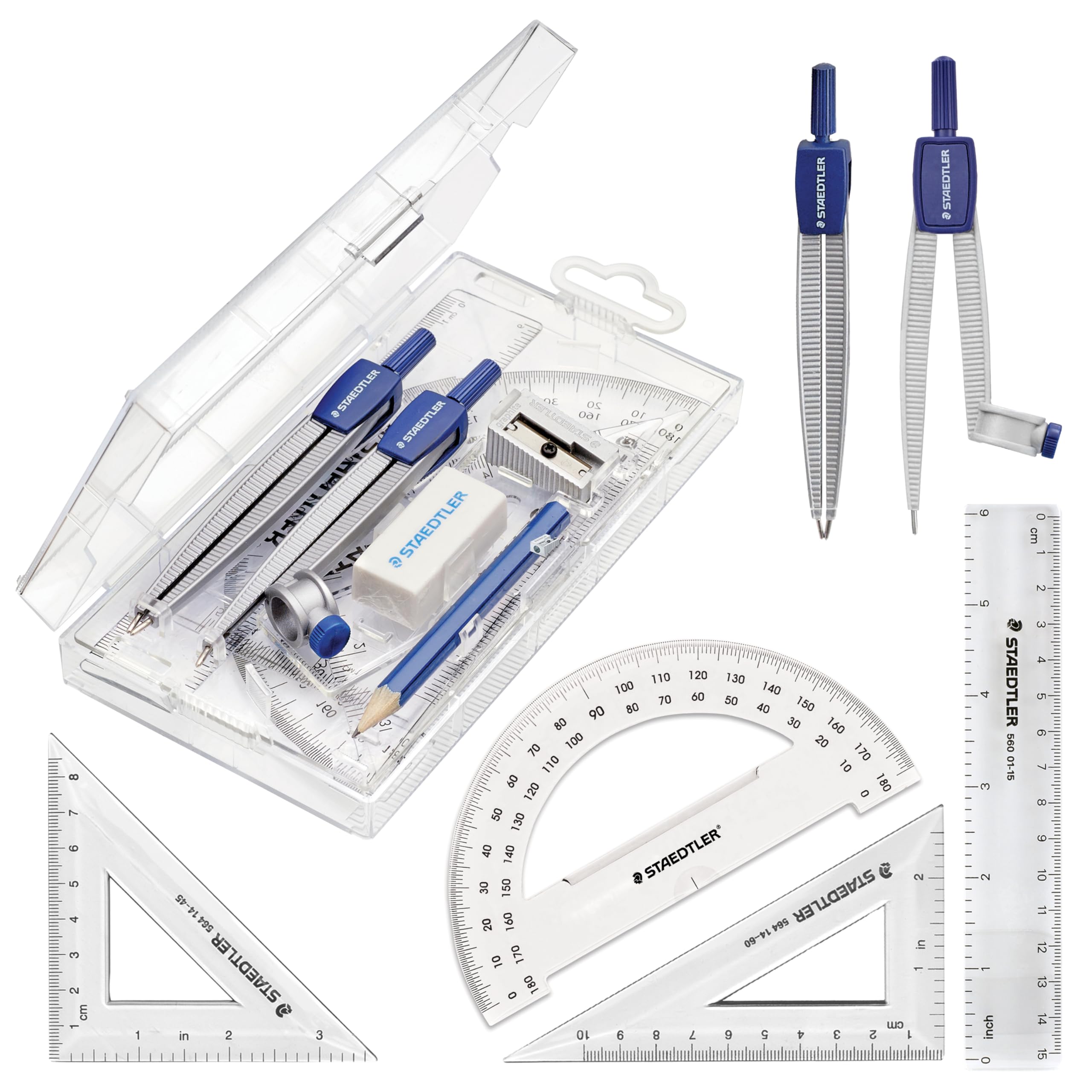 STAEDTLER Math Set Geometry Tools, 10 Piece Kit: Metal Compass, Protractor, Ruler & More in Storage Case – Back to School Supplies for Students, Geometry, Technical Drawing, STEM & Drafting Classes