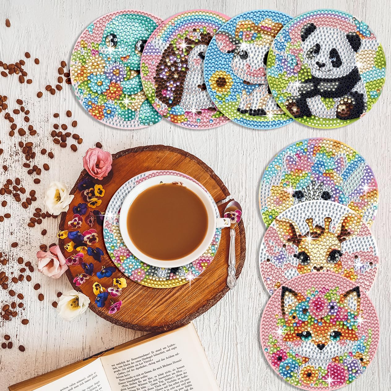 Muzagroo Art Cute Animals Diamond Painting Coasters Kits with Holder Diamond Art Coaster for Beginners Diamond Paintings Kits for Adults Stress-reducing Handicrafts 8 PCS (Animals)