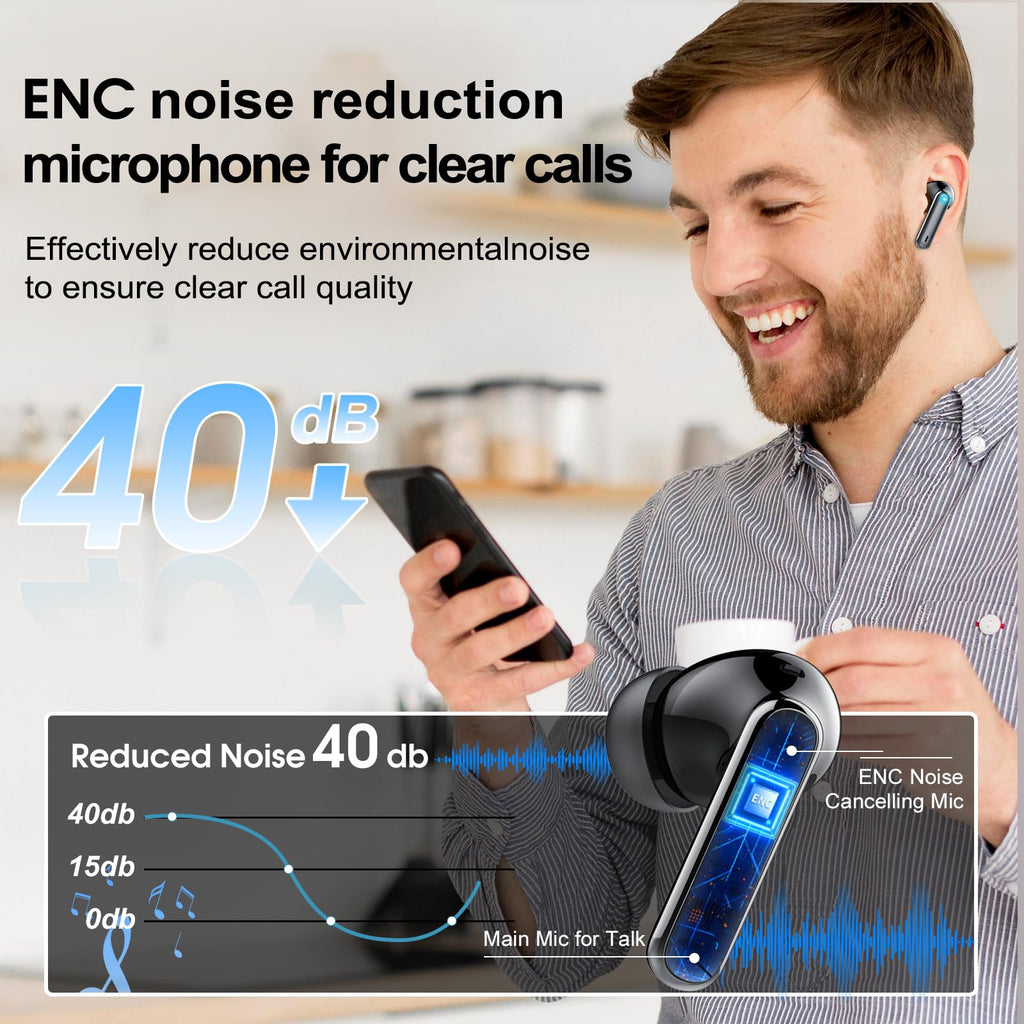 Wireless Earbuds, 2026 Bluetooth 5.3 Headphones HiFi Stereo Ear Bud, 40Hrs Playtime Bluetooth Earbuds with 4 ENC Noise Cancelling Mics, IP7 Waterproof, LED Display Wireless Earphones for Android/iOS