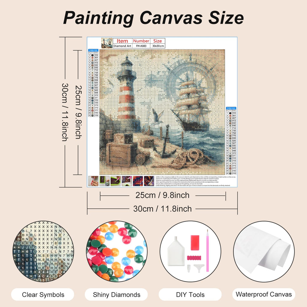 FHBUBPUP Lighthouse Ship Diamond Art Kits for Adults, Diamond Painting Kits for Beginners - DIY Full Drill Round Diamond Dot Gem Art, Craft Gift Home Wall Decoration 12×12Inch