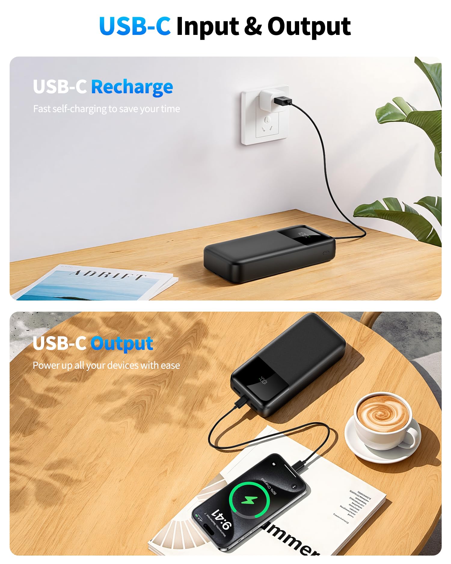 Power Bank Portable Charger 40000mAh, 22.5W Fast Charging, Built-in 2 Output Cable, Charge 5 Devices Simultaneously LCD Display for iPhone and Android Phones and Most Electronic Devices