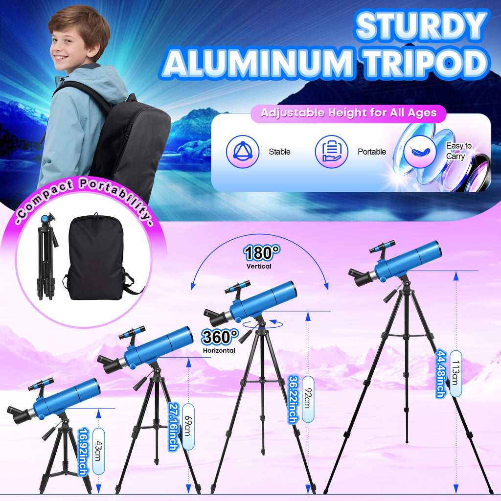 HUGERSTAR Telescope for Adults Astronomy Professional, 80mm Aperture 500mm (20X-150X) Refractor Telescope for Beginners, Portable Travel Telescopes with Tripod, Phone Adapter, Stickers & Backpack