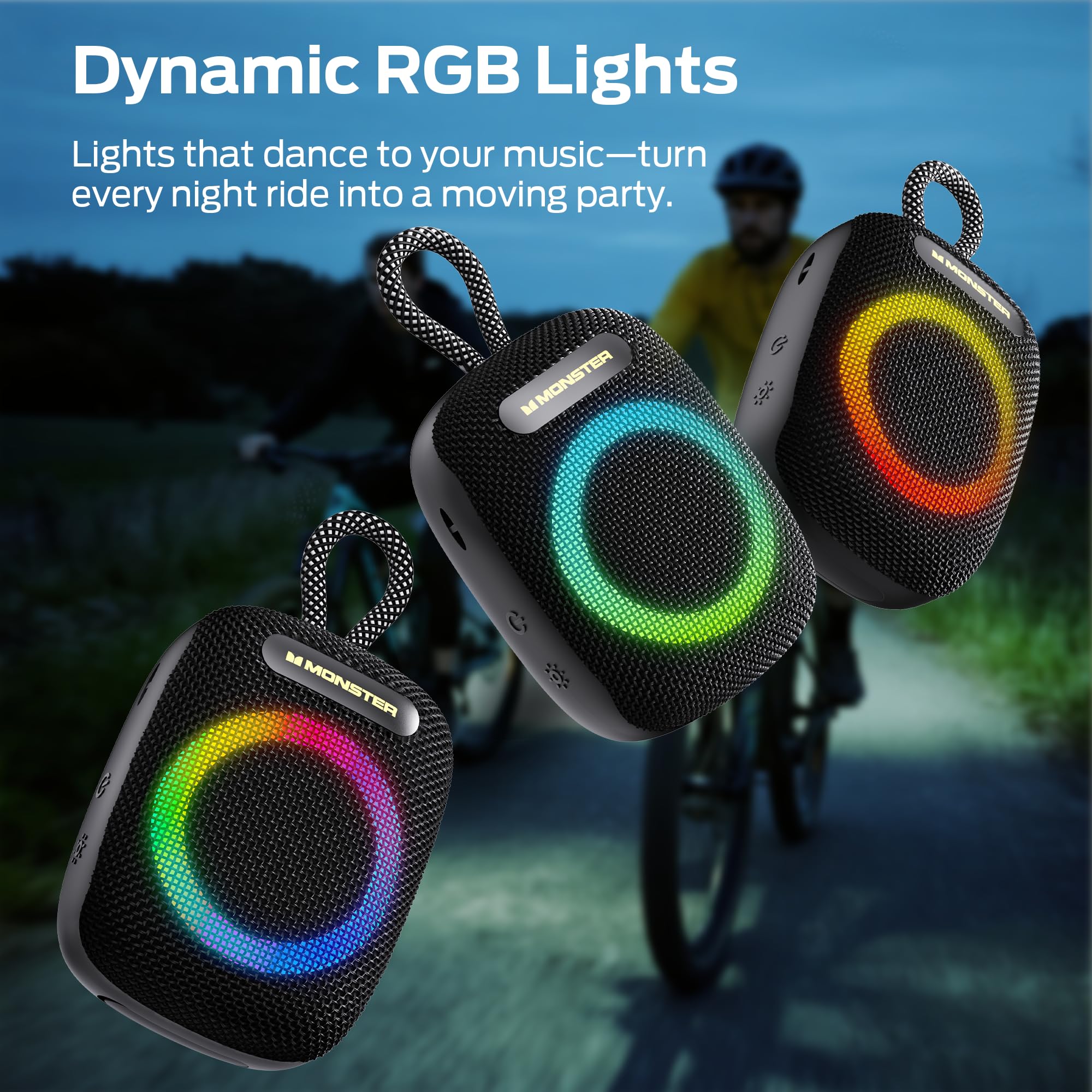 Monster S300 Portable Bluetooth Speaker, IPX7 Waterproof Wireless Bike Speaker with RGB Lights, Powerful Sound, 10H Playtime, Bluetooth 6.0, Bike Accessories, TWS, for Outdoors/Travel/Home, Black