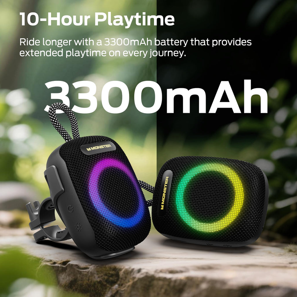 Monster S300 Portable Bluetooth Speaker, IPX7 Waterproof Wireless Bike Speaker with RGB Lights, Powerful Sound, 10H Playtime, Bluetooth 6.0, Bike Accessories, TWS, for Outdoors/Travel/Home, Black