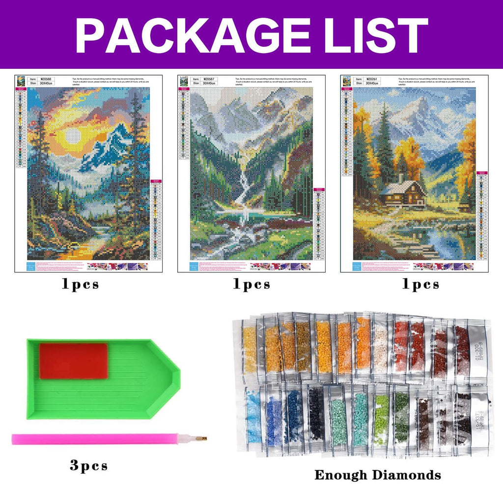 Diamond Art Kits for Adults, 3 Packs Mountain Landscape Diamond Art Painting Kits for Adults, 5D DIY Full Round Drill Gem Craft for Adult Gifts, Home Wall Decor 11.8" x 15.7"