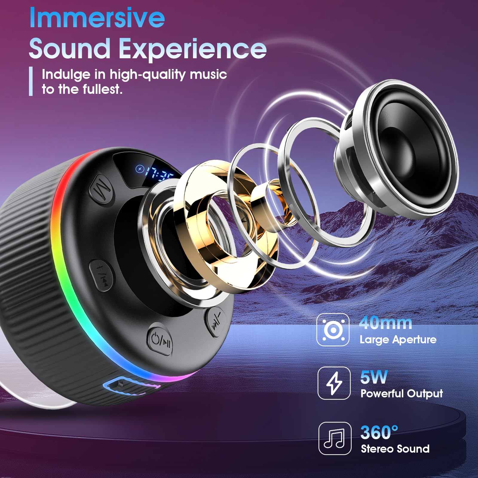 Shower Bluetooth Speaker, Portable Bluetooth 5.3 Shower Speaker Wireless, IP7 Waterproof Mini Speaker with RGB Lights, Suction Cup, Stereo Bass, for Bathroom Party Travel, Gift
