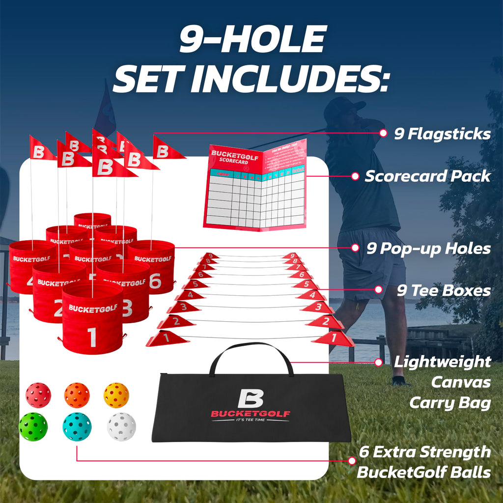 bucketgolf Game Pro The Ultimate Backyard Golf Game for Family, Adults and Kids - Portable 9 Hole Golf Course Play Outdoor, Lawn, Park (Without Clubs)
