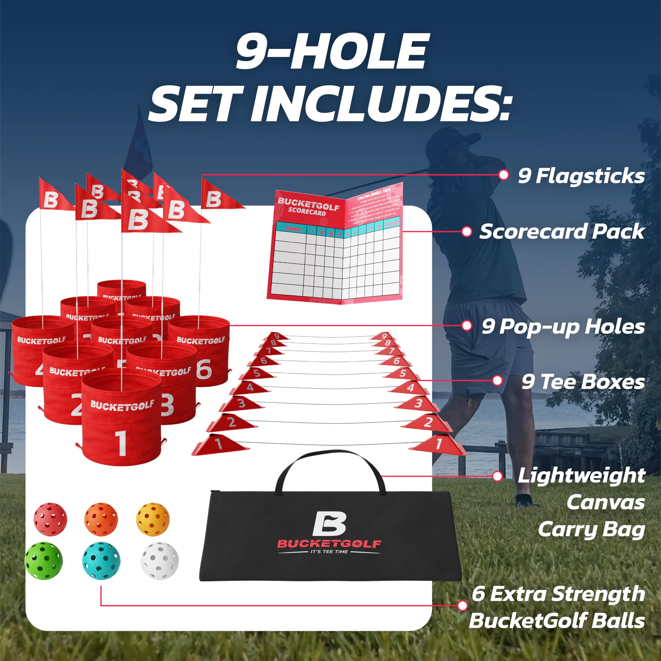 bucketgolf Game Pro The Ultimate Backyard Golf Game for Family, Adults and Kids - Portable 9 Hole Golf Course Play Outdoor, Lawn, Park (Without Clubs)