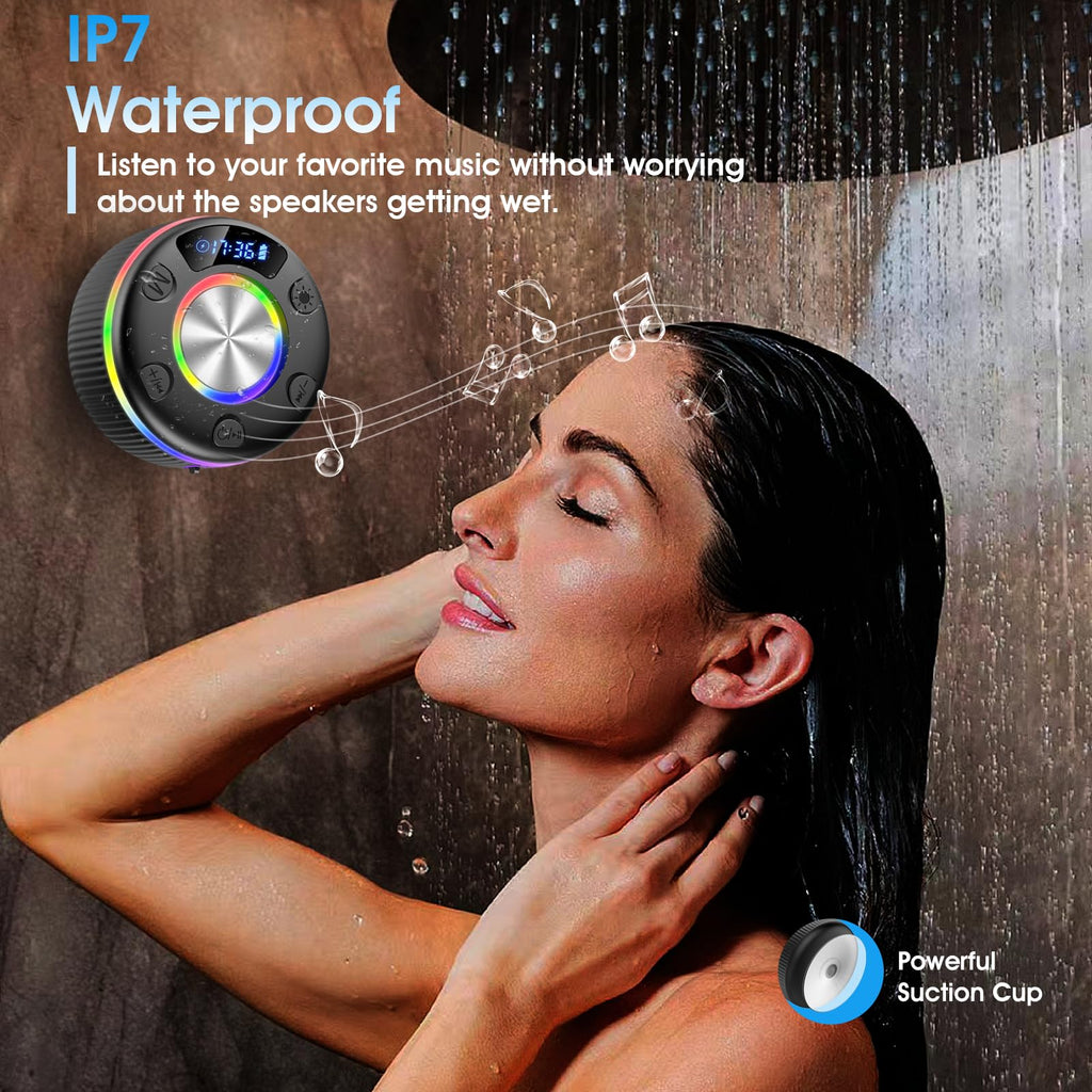 Shower Bluetooth Speaker, Portable Bluetooth 5.3 Shower Speaker Wireless, IP7 Waterproof Mini Speaker with RGB Lights, Suction Cup, Stereo Bass, for Bathroom Party Travel, Gift