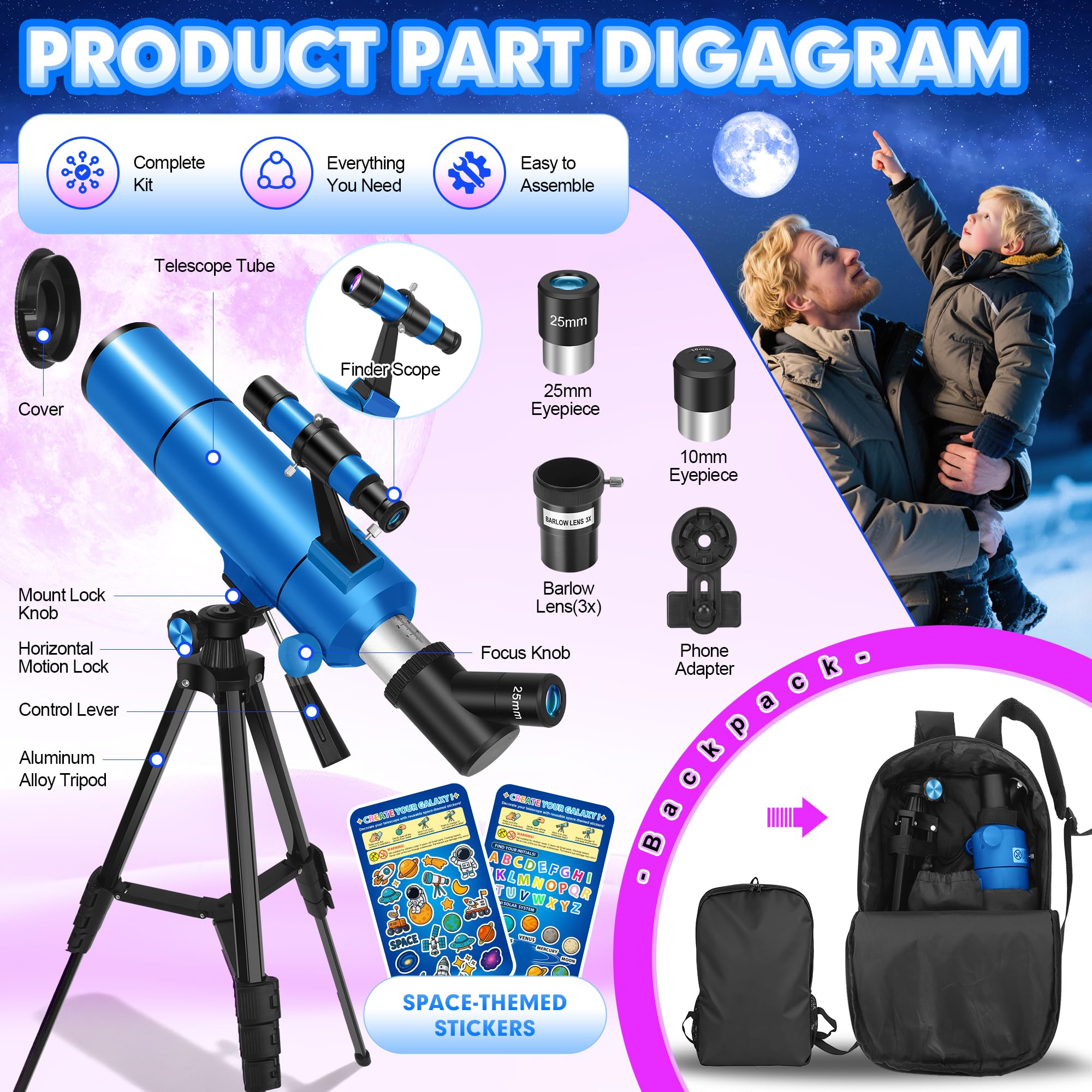 HUGERSTAR Telescope for Adults Astronomy Professional, 80mm Aperture 500mm (20X-150X) Refractor Telescope for Beginners, Portable Travel Telescopes with Tripod, Phone Adapter, Stickers & Backpack