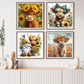 Diamond Art Kits for Adults, 4 Packs Highland Cow & Flowers Diamond Art Painting Kits for Beginners, 5D DIY Full Round Drill Gem Craft for Adult Gifts, Home Wall Decor 14" x 14"