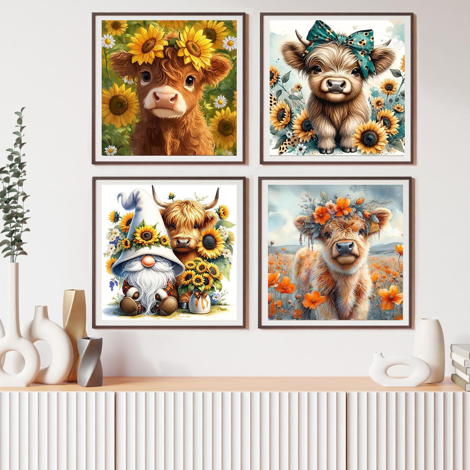 Diamond Art Kits for Adults, 4 Packs Highland Cow & Flowers Diamond Art Painting Kits for Beginners, 5D DIY Full Round Drill Gem Craft for Adult Gifts, Home Wall Decor 14" x 14"