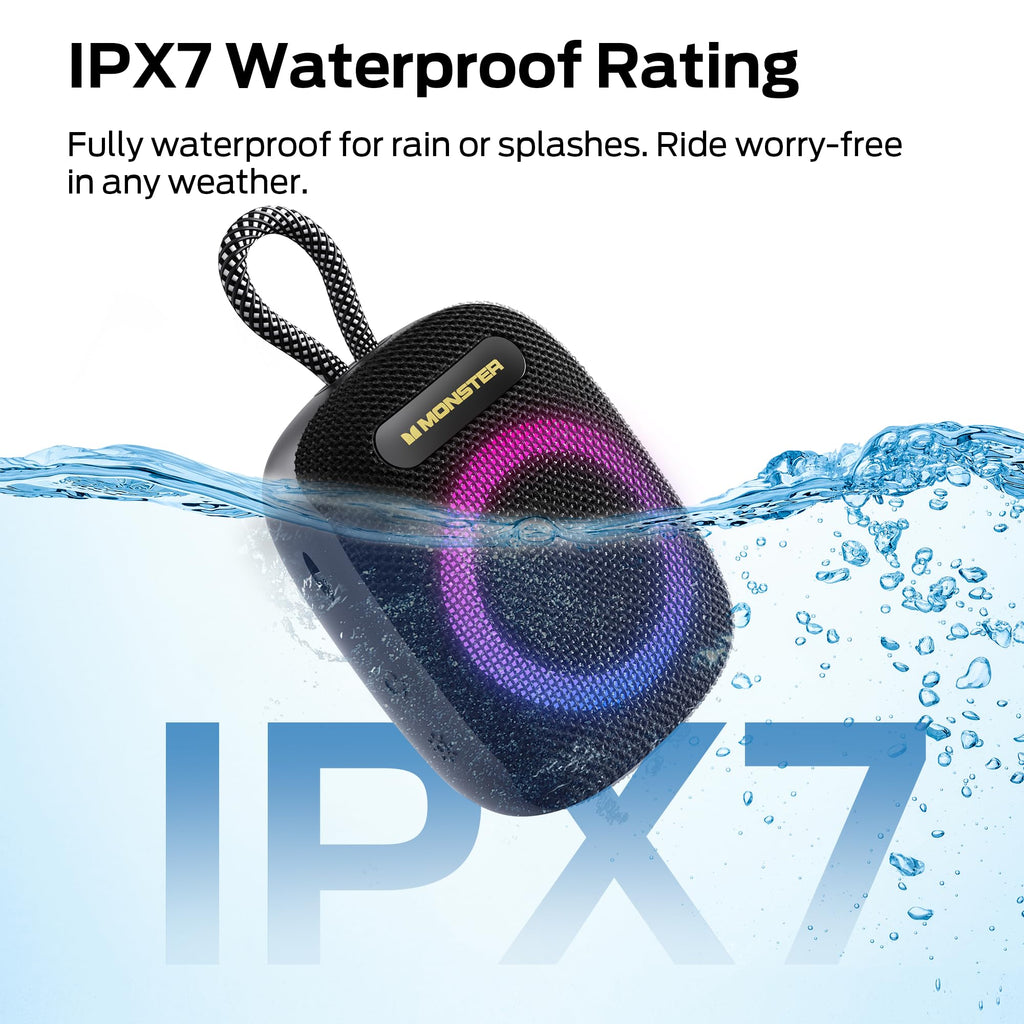 Monster S300 Portable Bluetooth Speaker, IPX7 Waterproof Wireless Bike Speaker with RGB Lights, Powerful Sound, 10H Playtime, Bluetooth 6.0, Bike Accessories, TWS, for Outdoors/Travel/Home, Black