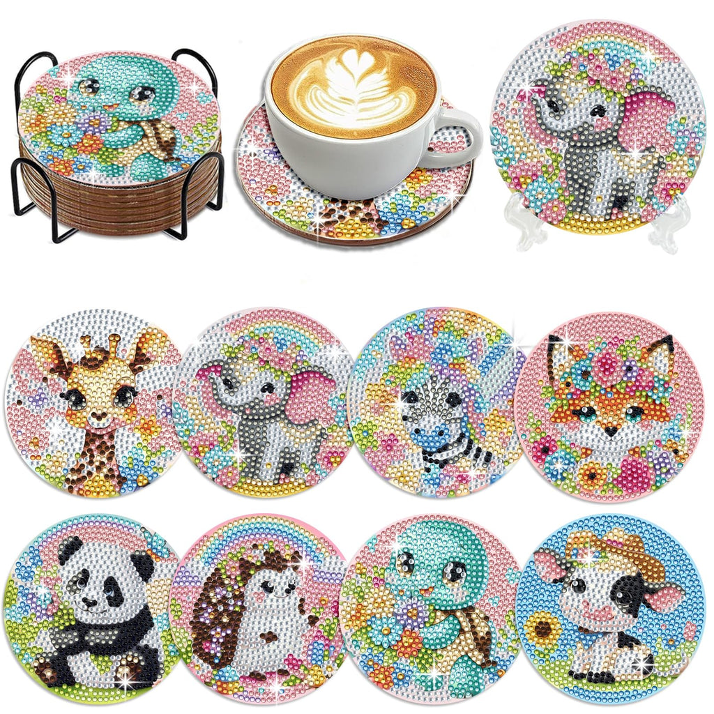 Muzagroo Art Cute Animals Diamond Painting Coasters Kits with Holder Diamond Art Coaster for Beginners Diamond Paintings Kits for Adults Stress-reducing Handicrafts 8 PCS (Animals)
