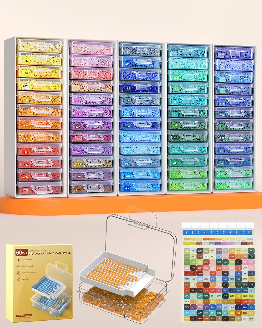 Redtwo 60 PCS Diamond Painting Storage Containers Trays with Two Layers, 3-in-1 Painting Trays with Lids, Diamond Art Accessories, Art Drills Storage & Line-Up